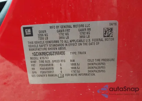 2016 Chevrolet Silverado 1500 2Lt from USA, damaged, VIN 1GCVKREC3GZ268456